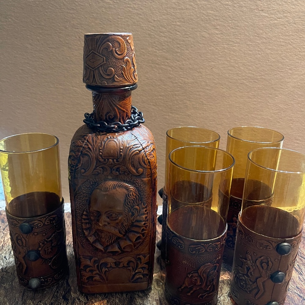Custom Leather Wrapped Decanter & 6 Whiskey Glasses